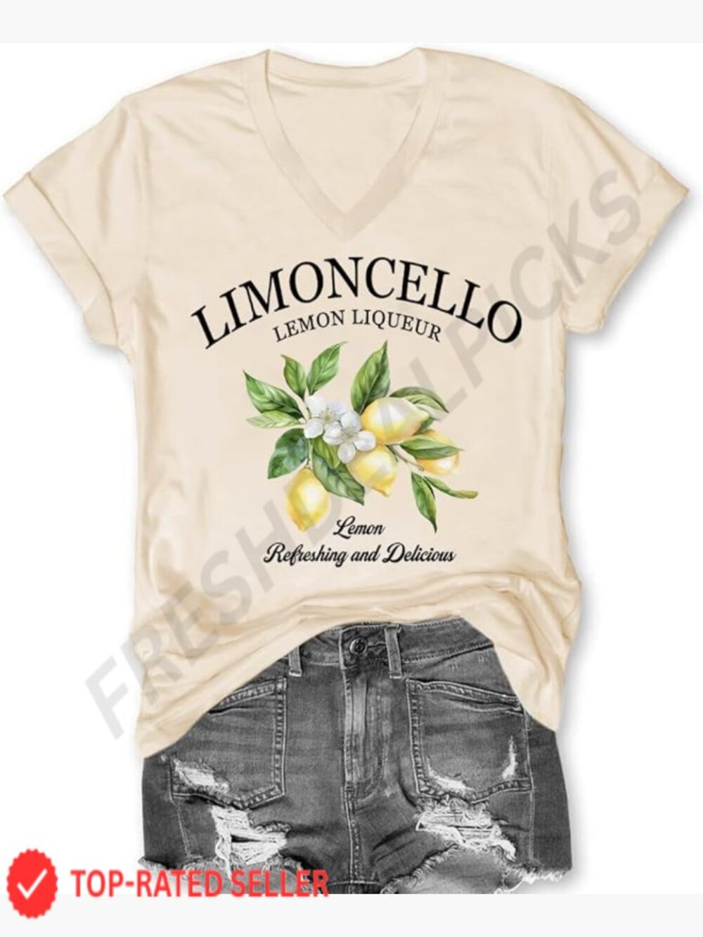 Lemon Graphic V Neck Short Sleeve Tee Cute Fun Loose Fit Casual - Picture 1 of 7